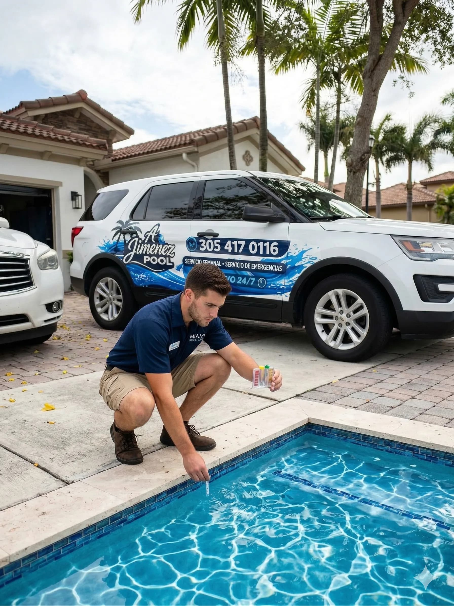 A. Jiménez Pool Service technician testing water